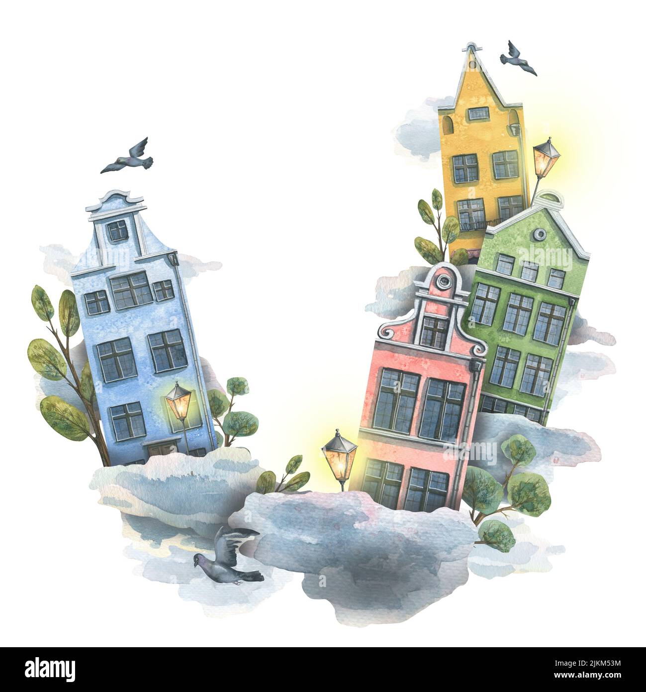 Une couronne, un cadre avec de jolies maisons européennes dans les nuages. Illustration aquarelle. Pour la conception et la décoration de livrets et guides touristiques Banque D'Images