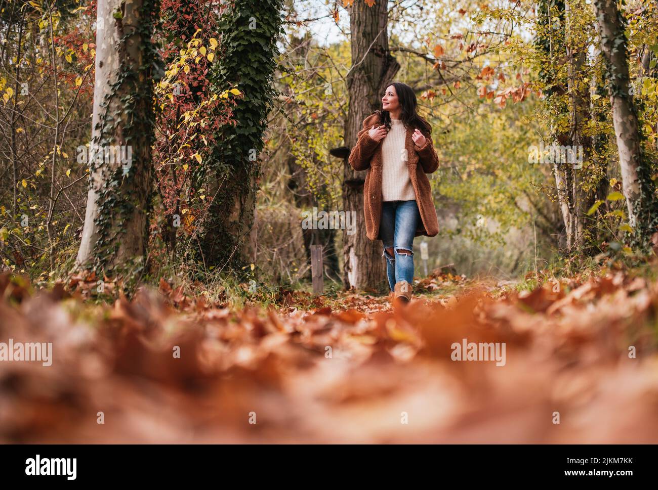 Une femme blanche de race blanche marchant dans une forêt à Sant Sadurni d'Anoiain automne Banque D'Images