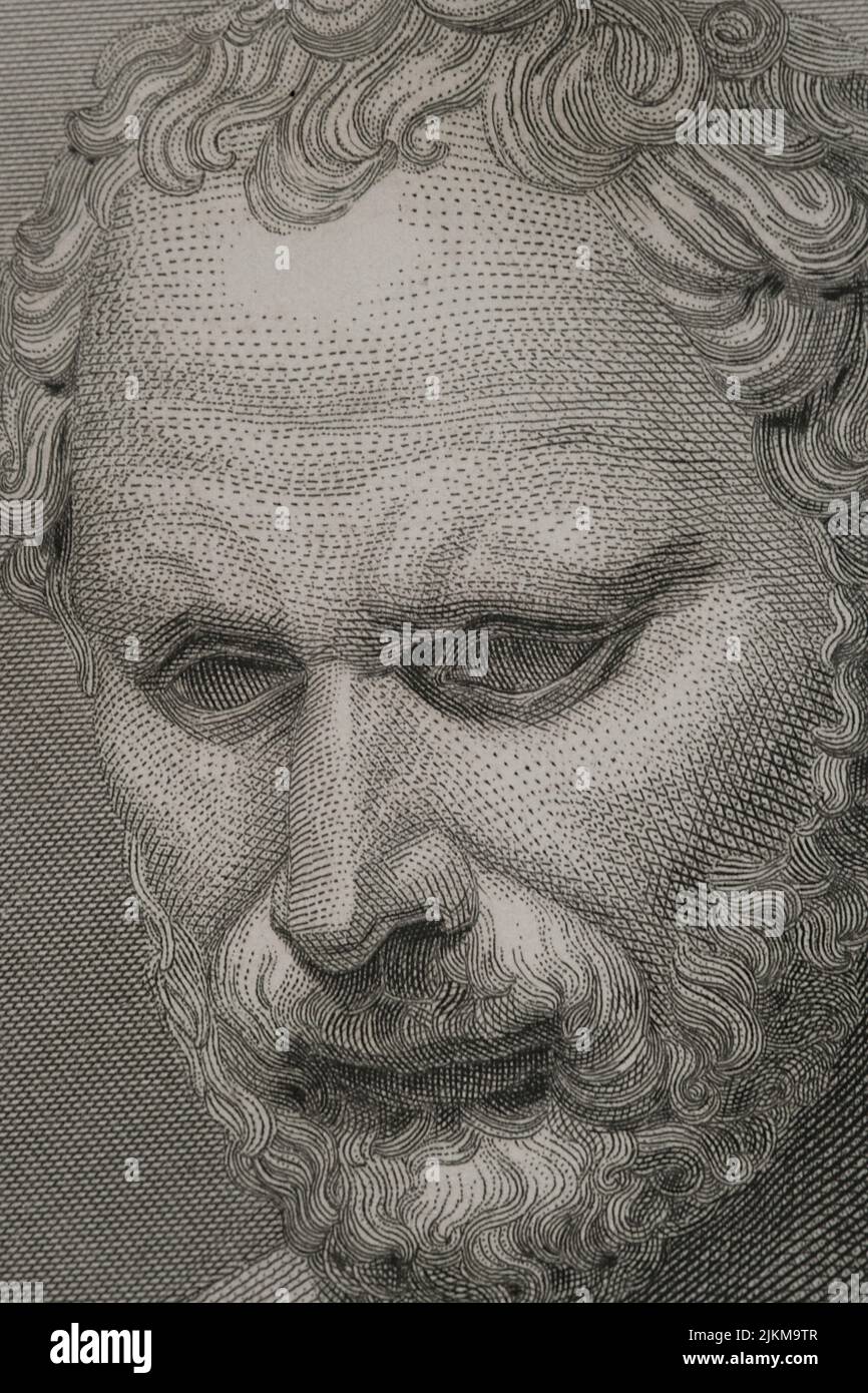 Demosthenes (384 BC - 322 BC). Orateur grec et homme d'État. Portrait. Gravure. Détails. 'Historia Universal', par César Cantú. Volume I, 1854. Banque D'Images
