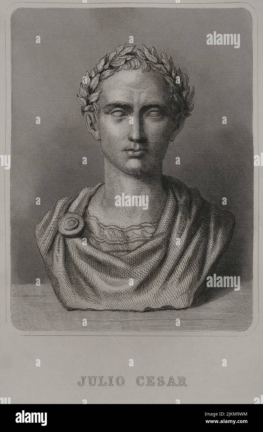 Gaius Julius Caesar (100 av. J.-C. - 44 av. J.-C.). Politicien romain, général et écrivain. En 60 av. J.-C., il établit un triumvirat avec Pompey et Crassus. La Gaule conquise. Chef de l'empire un dictateur à perpétuité (dictateur Perpetuus). Portrait. Gravure. 'Historia Universal', par César Cantú. Volume II, 1854. Banque D'Images