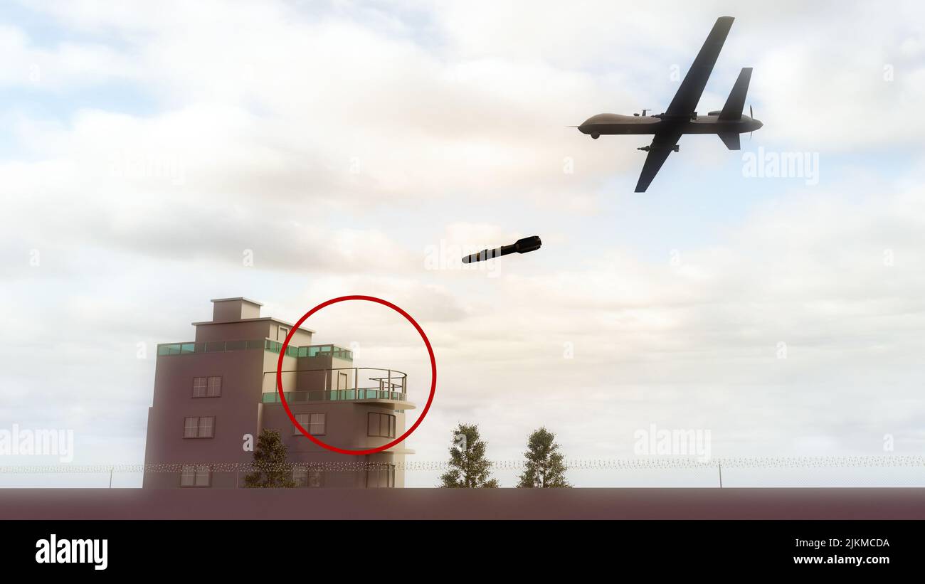 Kaboul, États-Unis Drone Strike Kills Ayman al-Zawahri, leader de Top Qaïda. Afghanistan. Drone avec missile, cible militaire. Maison, bâtiment. 3d rendu Banque D'Images