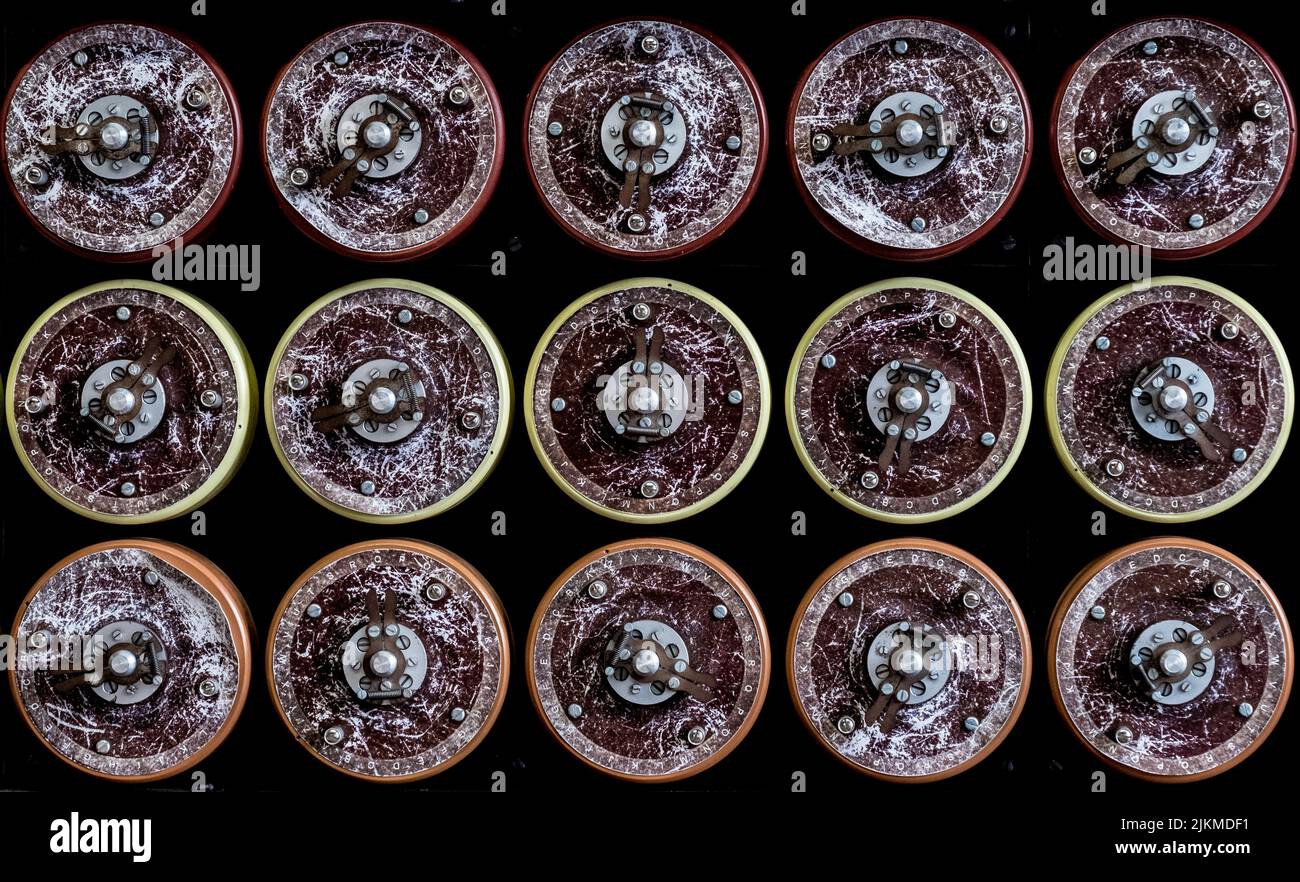 Fausses cadrans indicateurs de machine « Bombe ». Prop de film très réaliste utilisé dans le film "The imitation Game". Janvier 2017 Banque D'Images