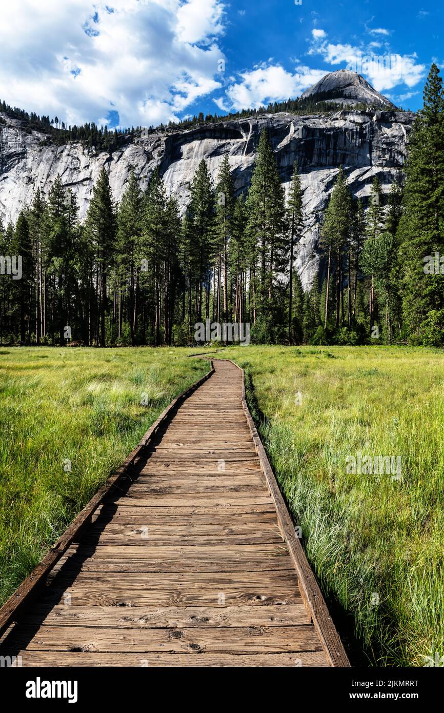 Chemin en bois à travers la vallée de Yosemite, parc national de Yosemite, Californie Banque D'Images