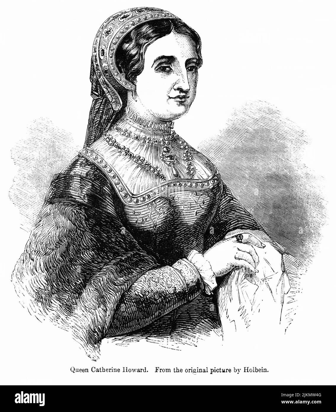 La reine Catherine Howard, tirée d'une photo originale de Holbein, Illustration du livre, « John Cassel's Illustrated History of England, Volume II », texte de William Howitt, Cassell, Petter, et Galpin, Londres, 1858 Banque D'Images