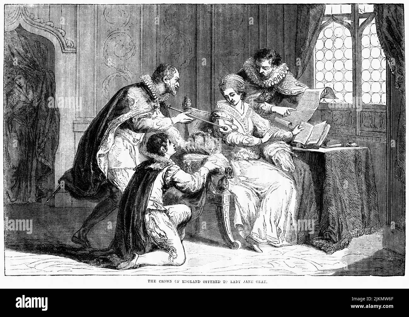 La Couronne d'Angleterre a offert à Lady Jane Gray, illustration du livre, « John Cassel's Illustrated History of England, Volume II », texte de William Howitt, Cassell, Petter, et Galpin, Londres, 1858 Banque D'Images