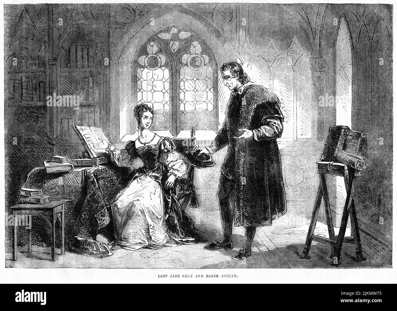 Lady Jane Gray et Roger Ascham, illustration du livre, « John Cassel's Illustrated History of England, Volume II », texte de William Howitt, Cassell, Petter et Galpin, Londres, 1858 Banque D'Images