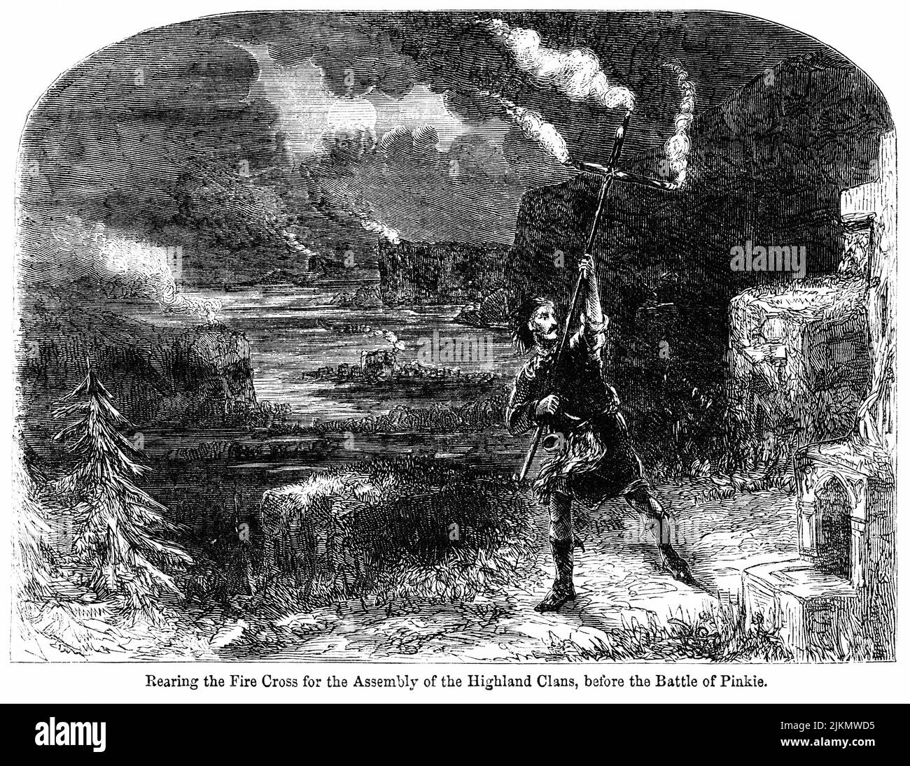 Elevage de la Croix-feu pour l'Assemblée des clans des Highlands, avant la bataille de Pinkie, illustration du livre, « John Cassel's Illustrated History of England, Volume II », texte de William Howitt, Cassell, Petter, et Galpin, Londres, 1858 Banque D'Images