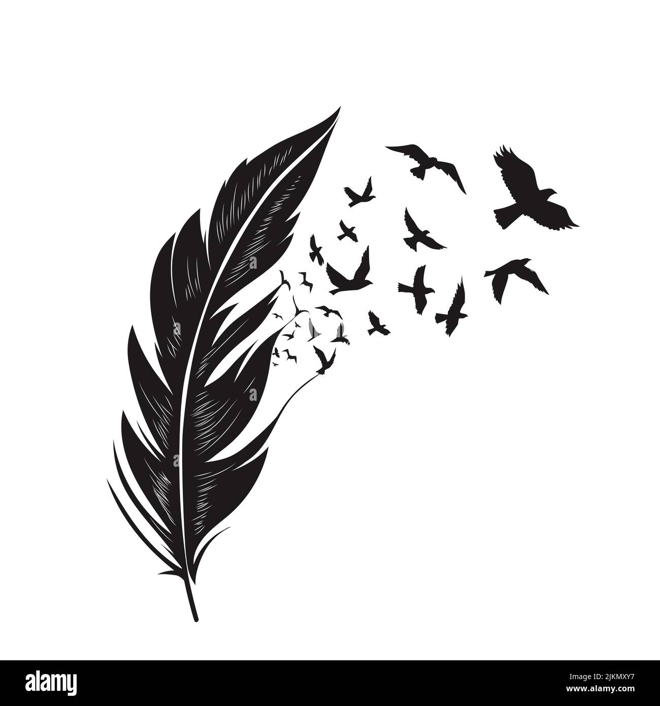 Un dessin vectoriel d'une plume avec des oiseaux volants sur un fond blanc Illustration de Vecteur