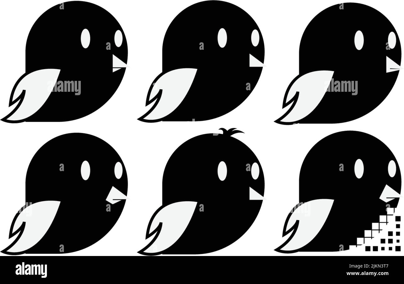 Plusieurs adorables oiseaux de bande dessinée noirs isolés sur un fond blanc Illustration de Vecteur