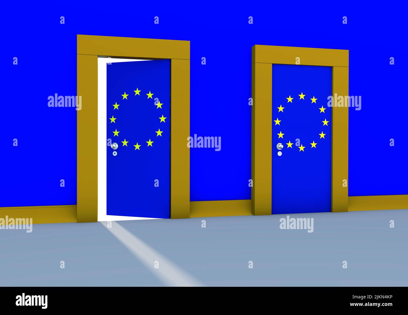 A 3D rendering with two doors with the European Union flags on a blue wall Banque D'Images