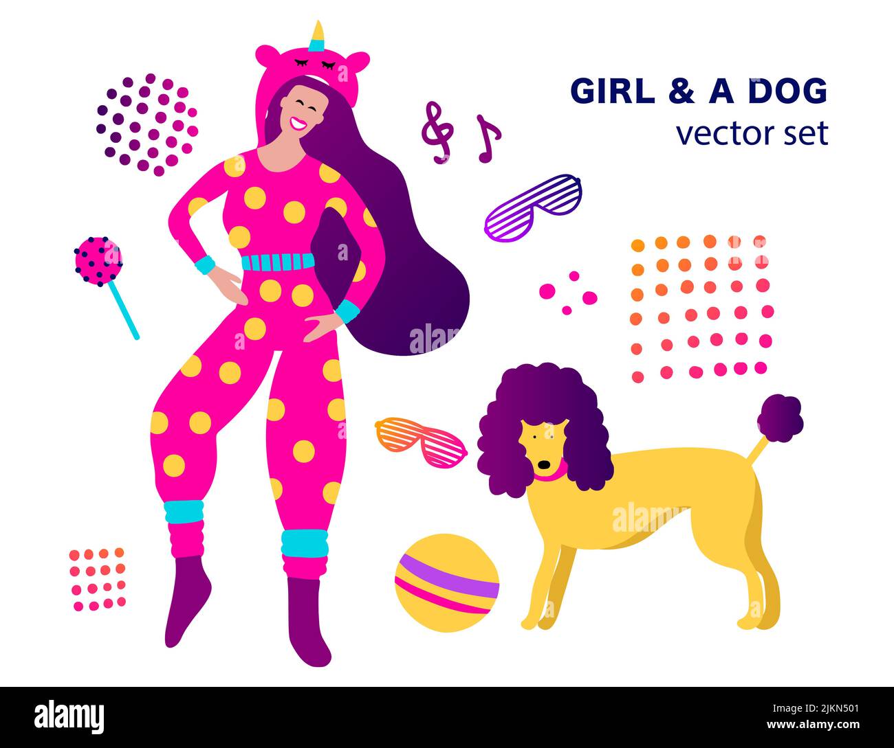 80s style funky fille et chiot chien maison pajama fête clip art collection vecteur Illustration de Vecteur