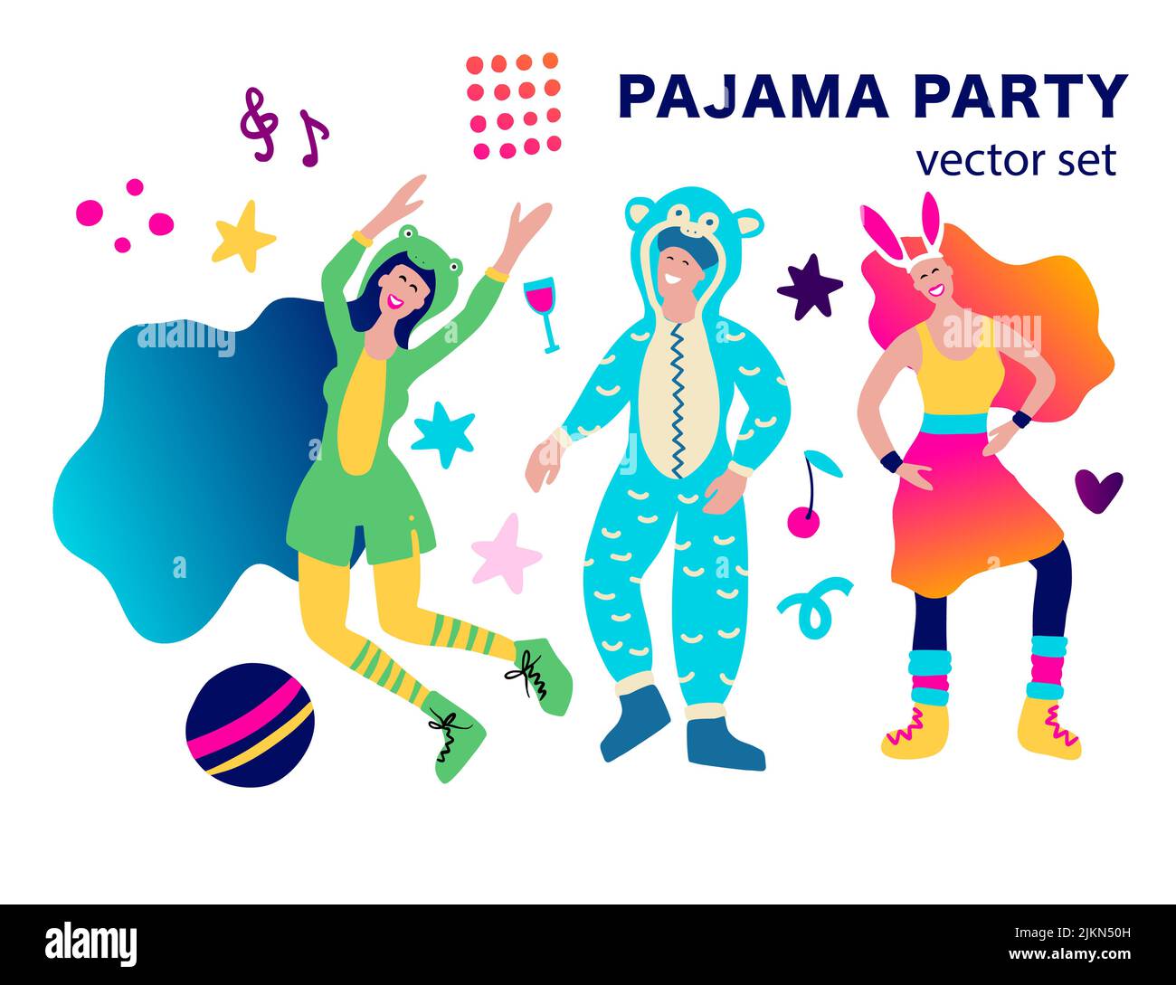 80s style funky fille et chiot chien maison pajama fête clip art collection vecteur Illustration de Vecteur