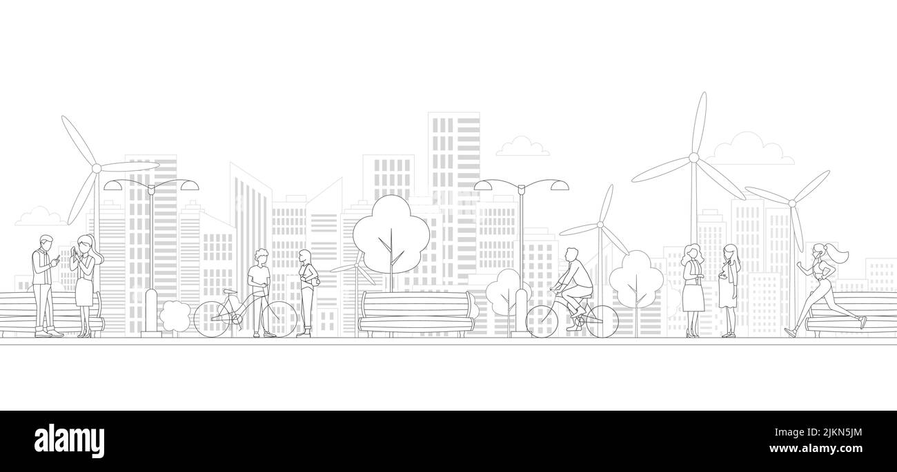 Gens, horizon de la ville en style art de ligne - paysage avec maisons, arbres et nuages. Illustration vectorielle isolée d'un magnifique paysage urbain pour l'immobilier Illustration de Vecteur