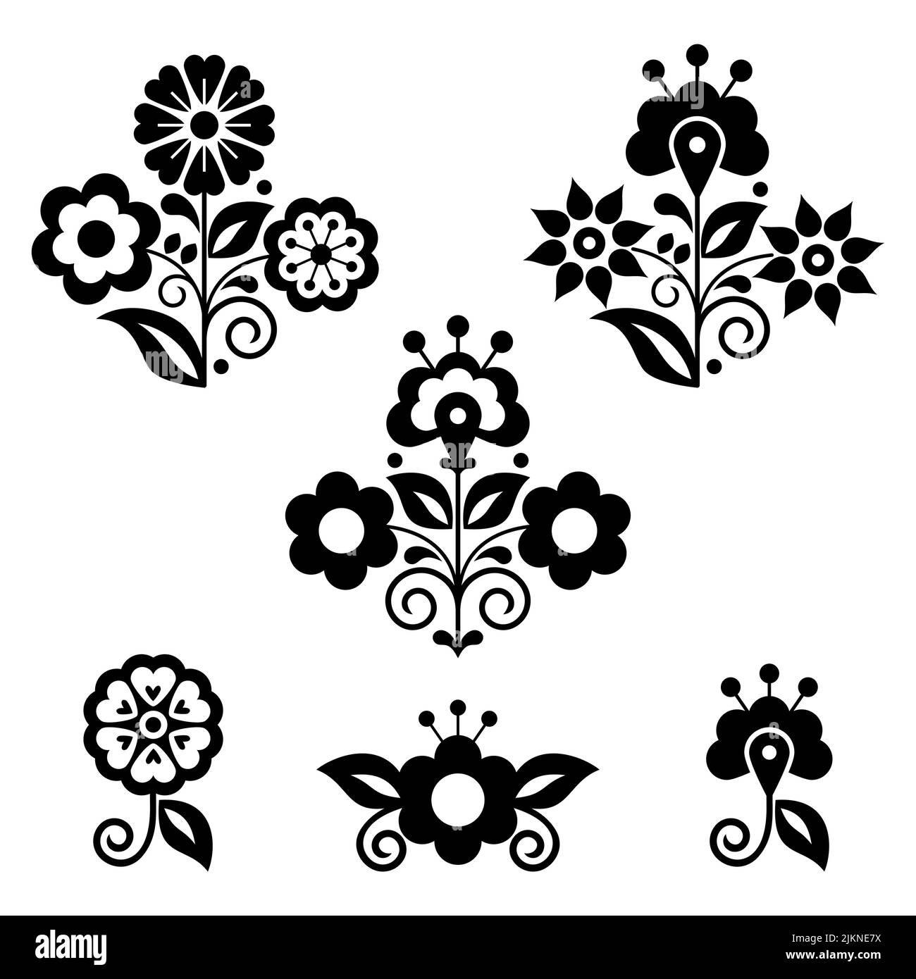 Éléments de décoration florale vectoriels de style art folklorique mexicain, collection rétro inspirée de la broderie traditionnelle en noir et blanc Illustration de Vecteur