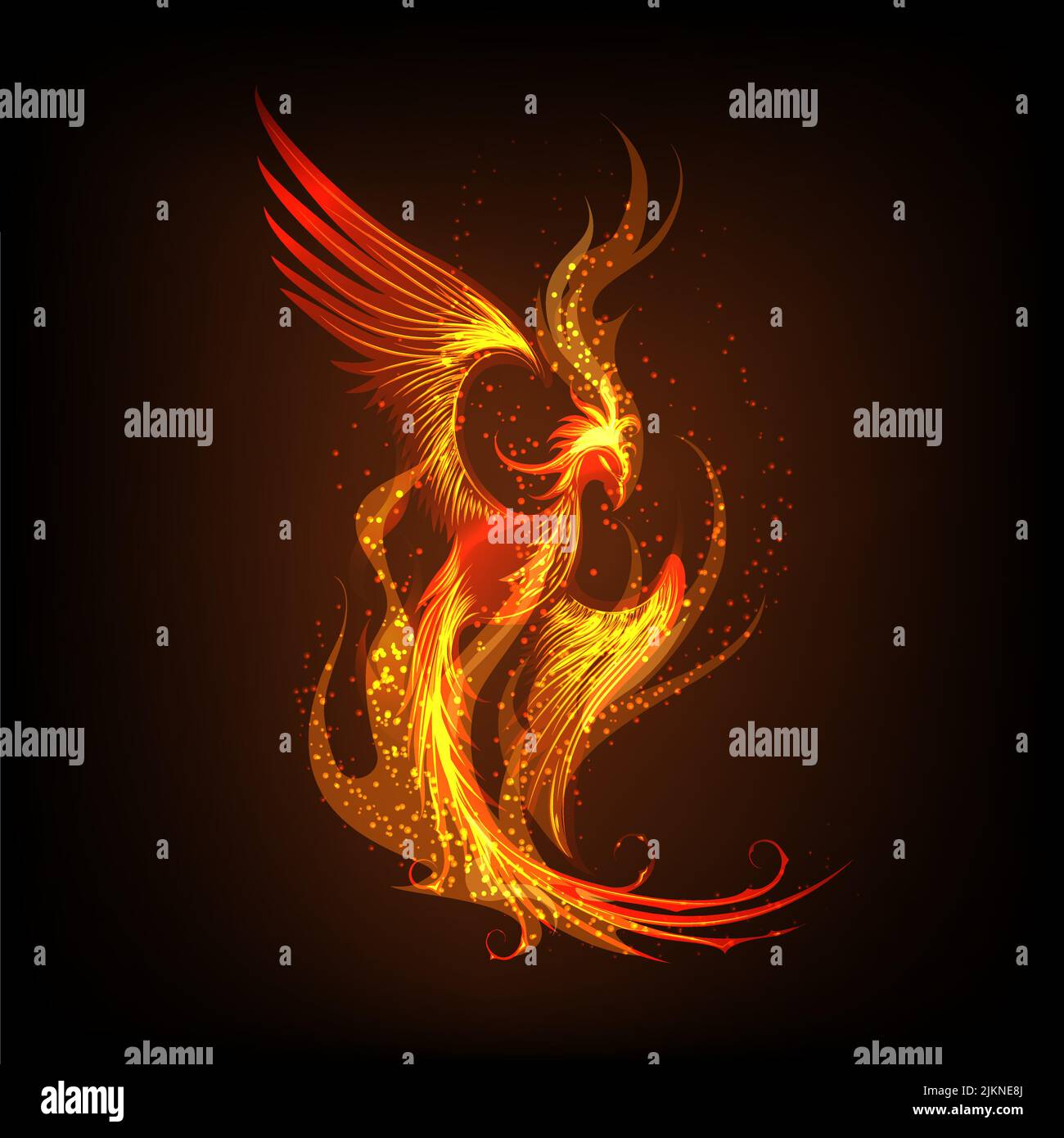 Phoenix Bird flamboyant qui se lève des cendres. Symbole de renaissance sur fond noir. Illustration de Vecteur