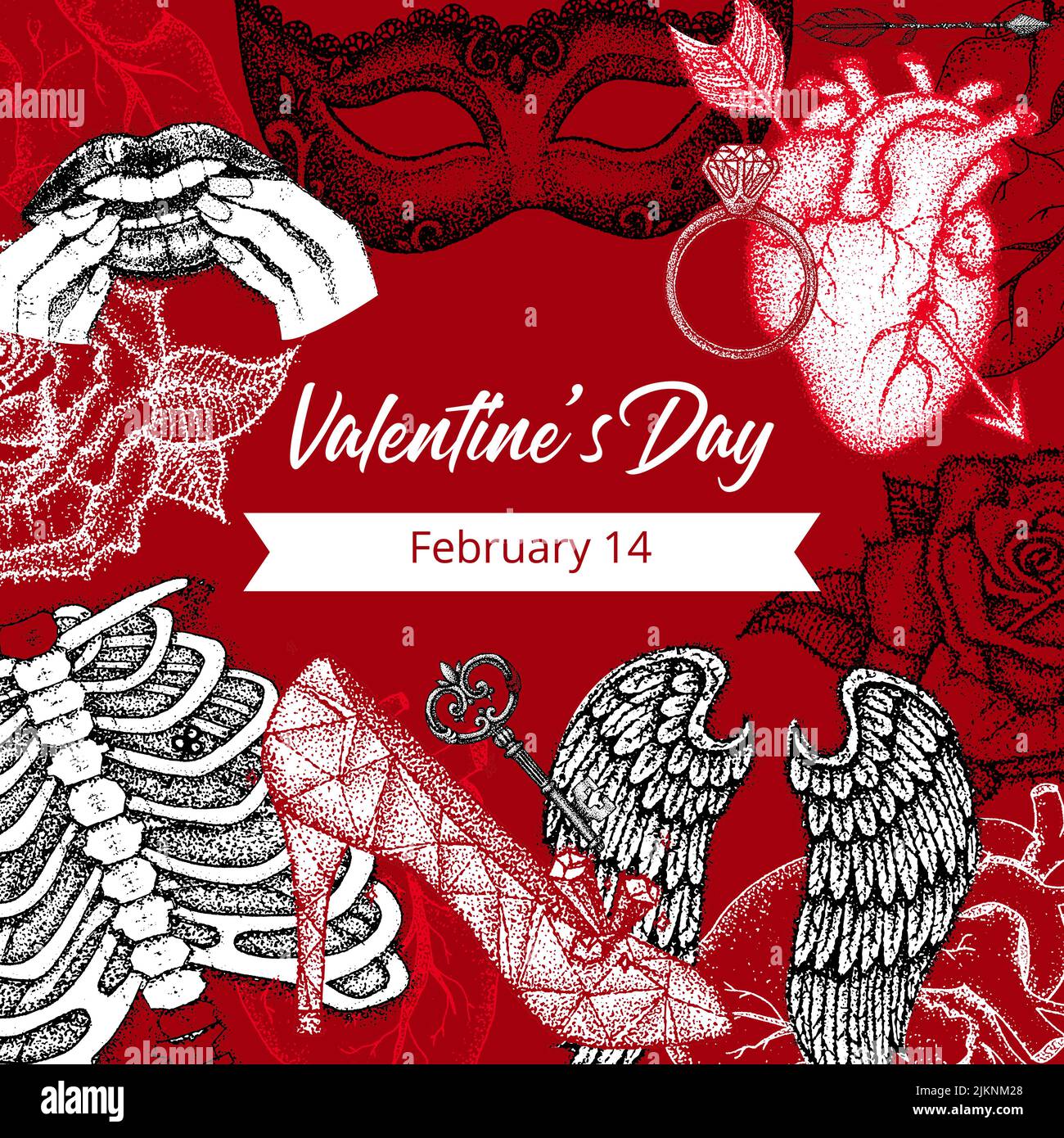 Affiche de la Saint-Valentin sur les œuvres de la Saint-Valentin. Illustration vectorielle du concept d'esquisse de tatouage dessiné à la main. Illustration de Vecteur