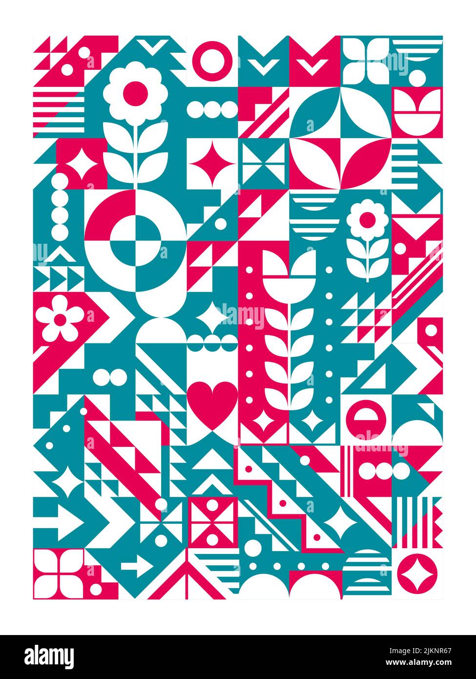 Style Bauhaus style géométrique cool vecteur coloré poster design format 18x24 avec fleurs, triangles, coeur Illustration de Vecteur
