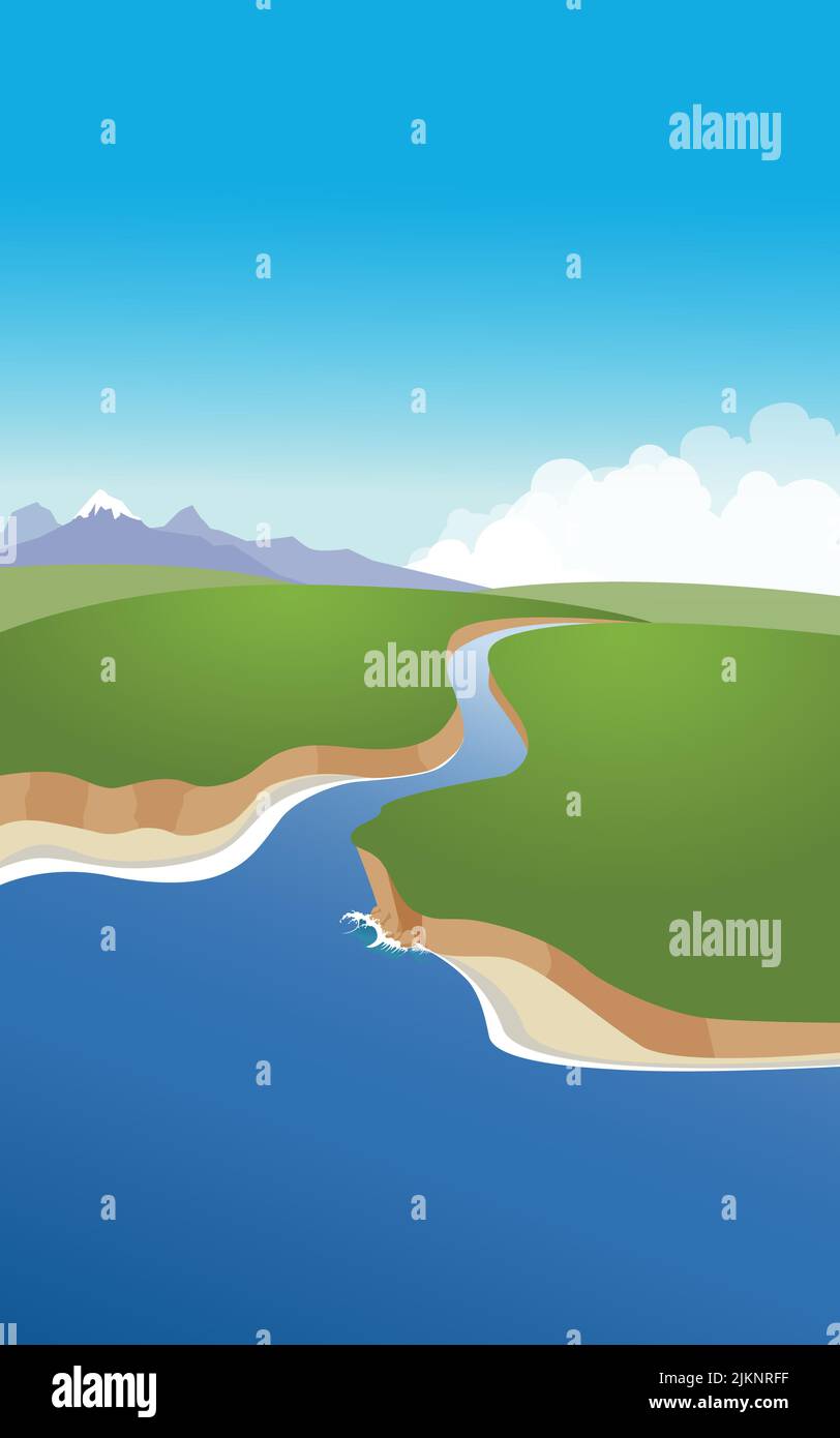 Paysage vectoriel avec rivière, montagnes et la côte de mer. Modèle de bannière verticale à utiliser dans vos conceptions Illustration de Vecteur