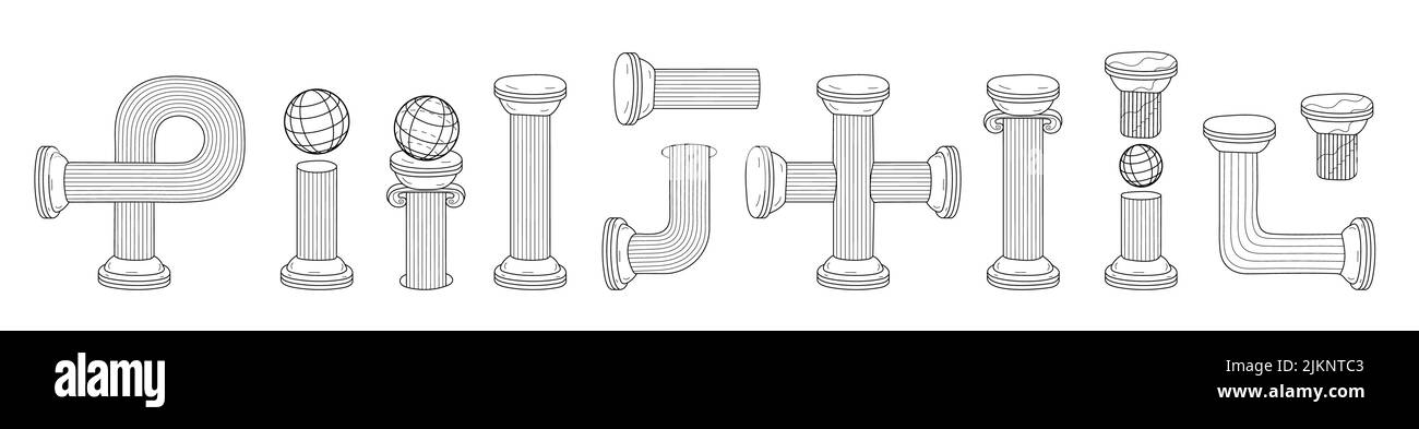 Vecteur de jeu de colonnes anciennes grecques. Pilier ancien de style ligne. Illustration du contour du piédestal romain i Illustration de Vecteur