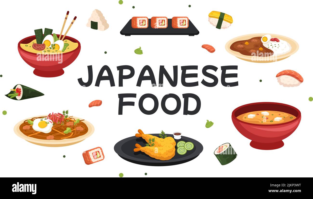 Dessin animé japonais avec divers plats délicieux dans le restaurant tels que sushi sur une assiette, Sashimi Roll et d'autres dans le style plat Illustration de Vecteur