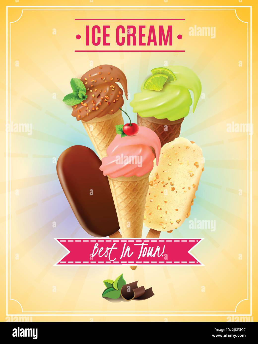Illustration vectorielle avec glace au chocolat au pistache de cerise et gaufre cônes et noix tarte esquimau dans un style réaliste Illustration de Vecteur