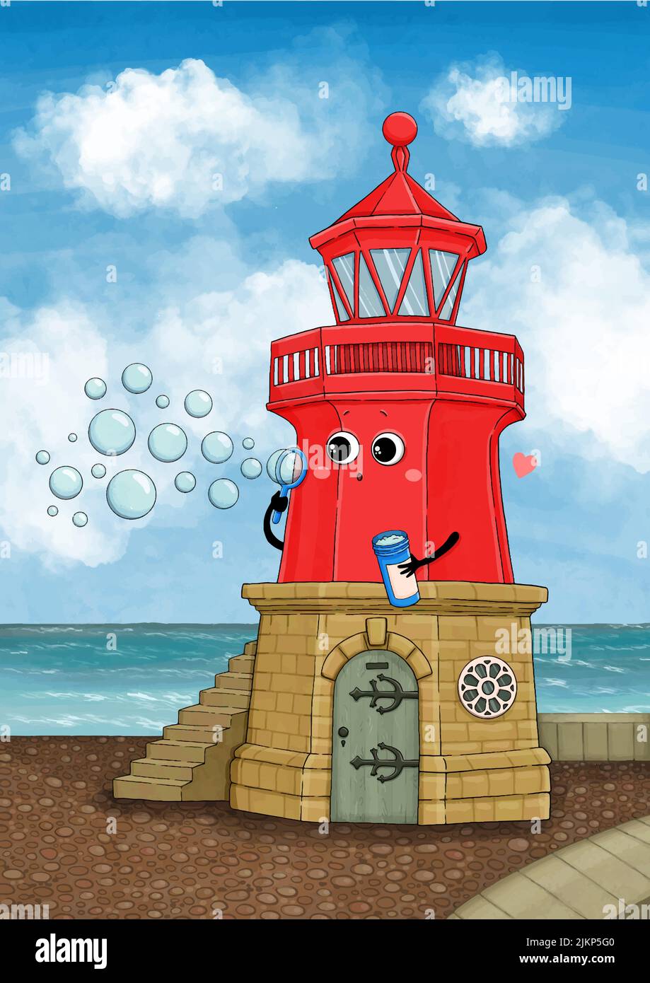 Phare avec vecteur puérile à bulles et dessin animé Illustration de Vecteur