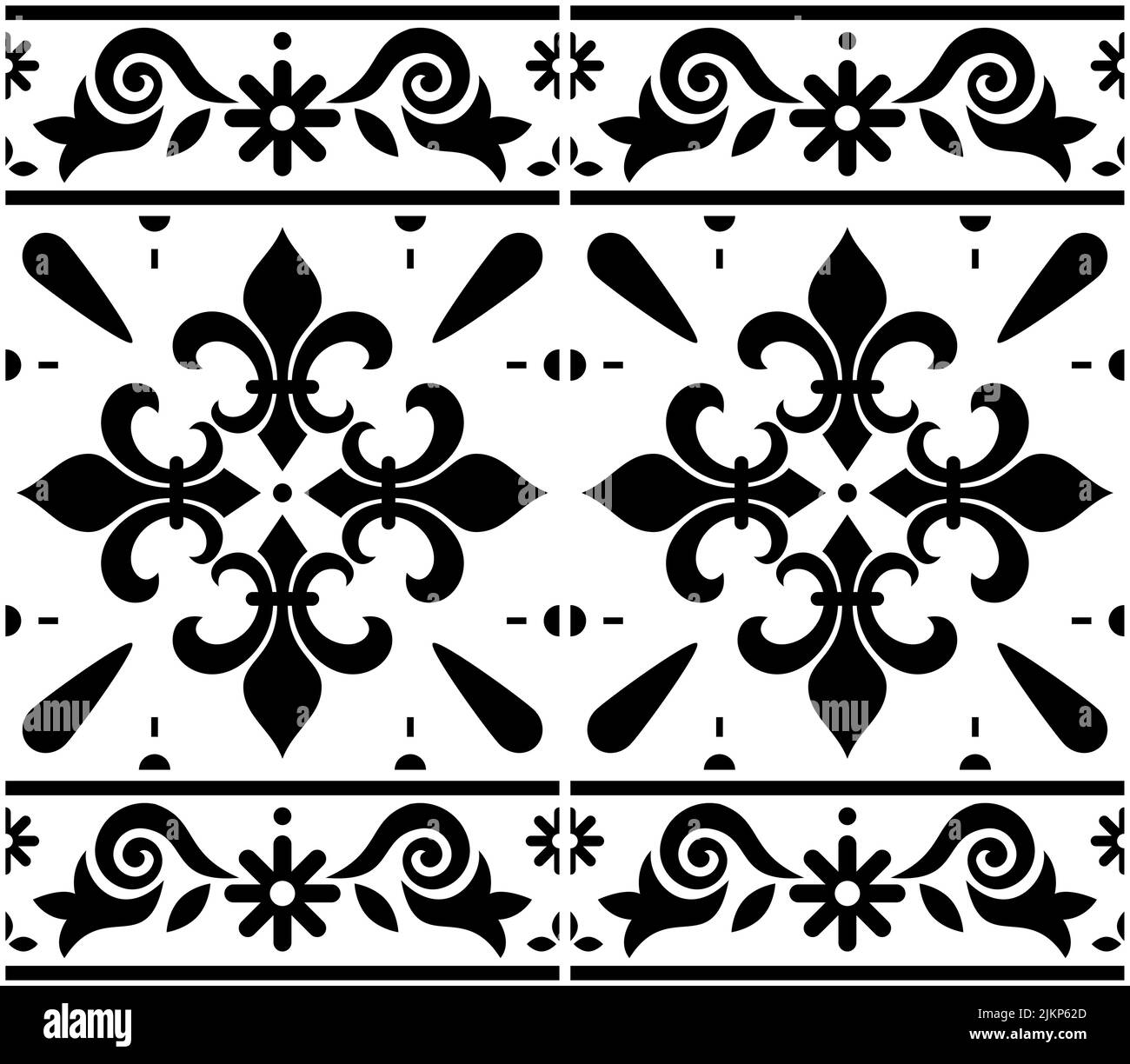 Mosaïque portugaise Azulejo motif décentif vectoriel sans couture avec motif fleur de lis, motif géométrique noir et blanc avec cadre ou bordure Illustration de Vecteur