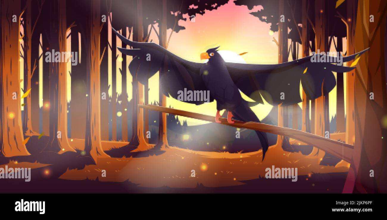 Forêt de conifères avec corbeau noir sur la branche au coucher du soleil. Illustration vectorielle de paysage de bois avec des pins, crow sauvage volant, soleil dans le ciel A. Illustration de Vecteur