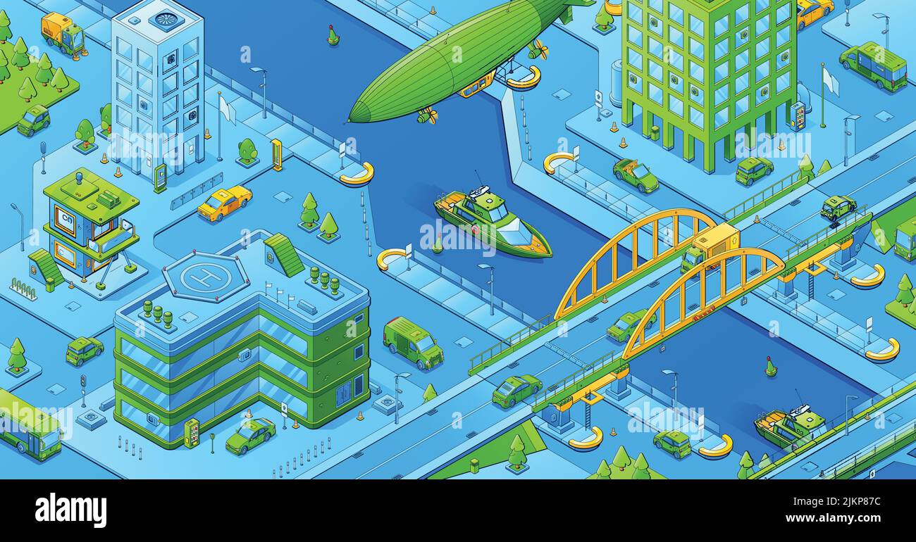 Paysage urbain isométrique, carte de la ville avec bâtiments, transport dans les rues, ponts au-dessus de la rivière et navire de vol. Illustration vectorielle de l'infrastructure urbaine Illustration de Vecteur