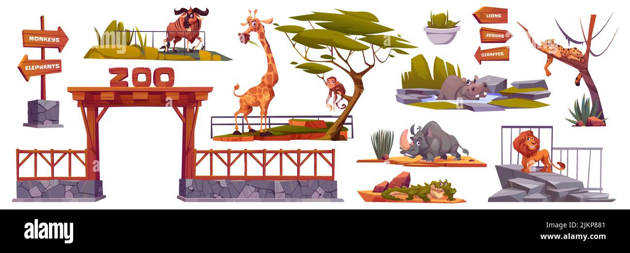 Zoo éléments de paysage, ensemble de vecteur de dessin animé, entrée avec arche en bois, clôture et animaux africains. Collection de parcs zoologiques avec pointeurs en bois Illustration de Vecteur