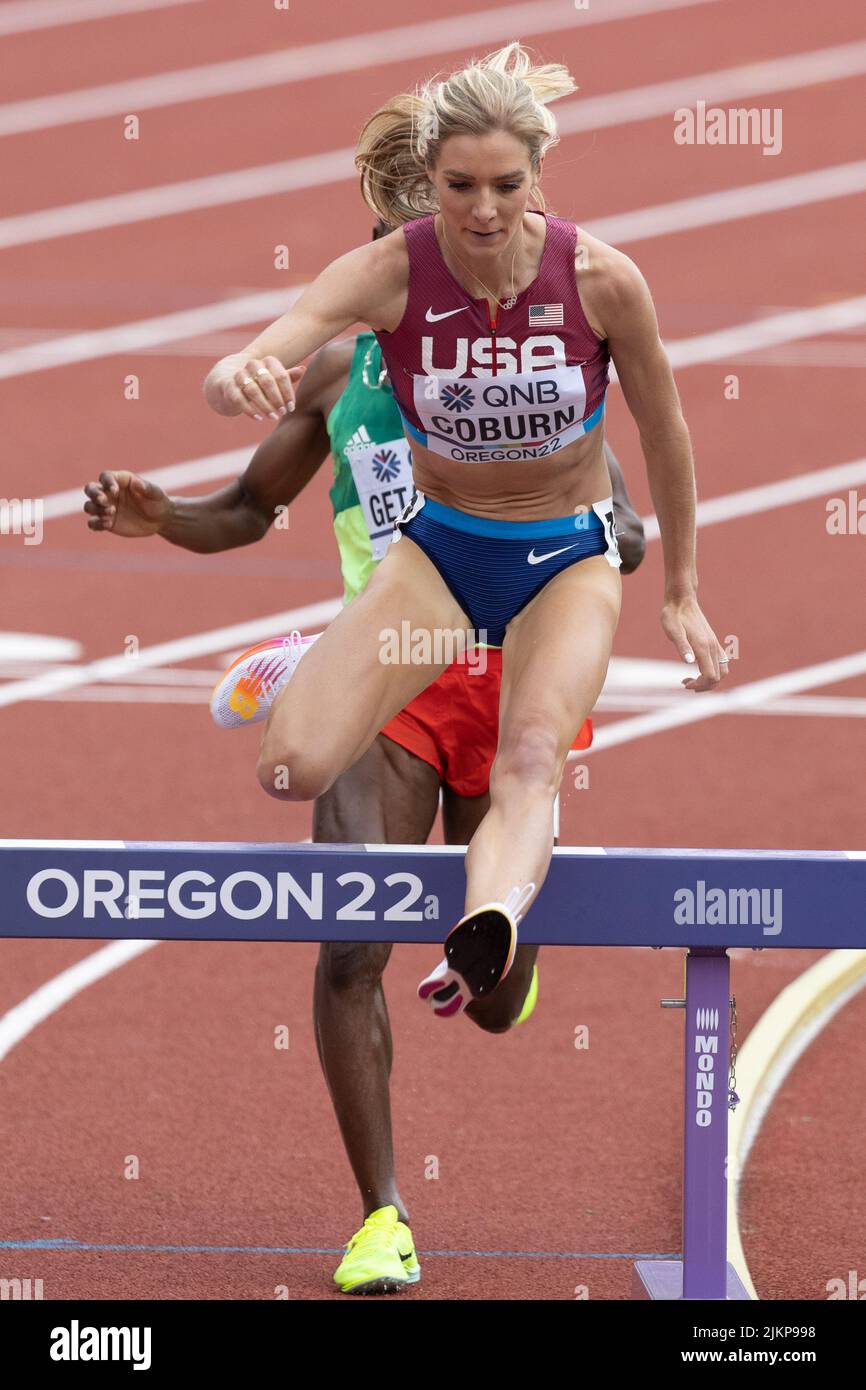 Emma Coburn (USA) se qualifie pour la finale steeplechase de 3000 mètres avec un temps de 9:15,19 pendant la séance du matin le jour 2 du World Athletics CH Banque D'Images