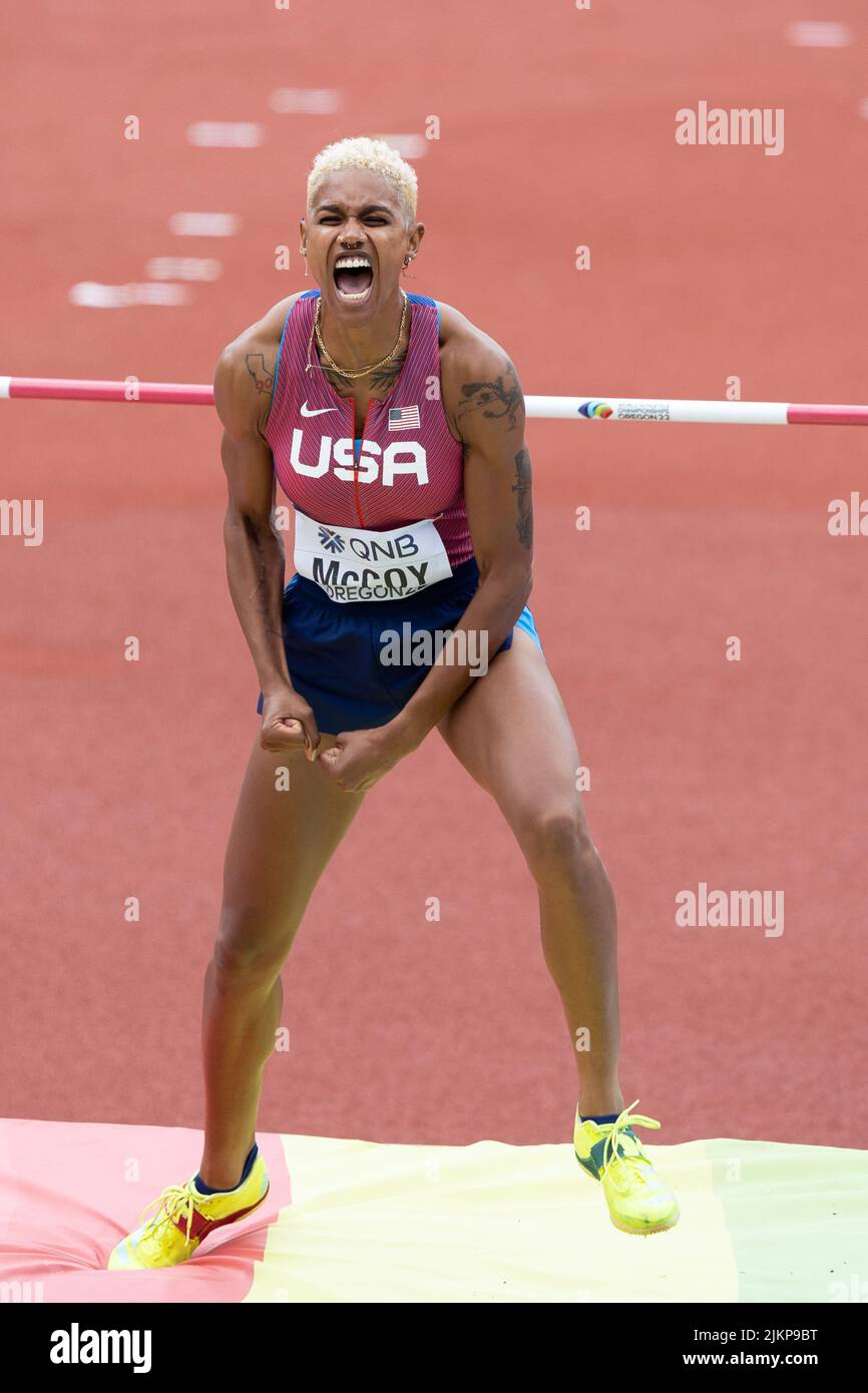 Rachel McCoy (Etats-Unis) réagit à la compensation 6’ 2,75” (1,90) lors de la séance de qualification du matin le jour 2 du Championsh des athlètes mondiaux Banque D'Images