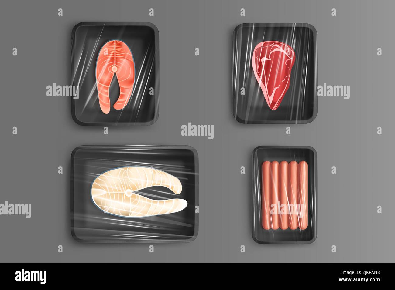 Aliments dans des emballages en plastique pour le commerce de détail, poisson frais, viande et saucisses, steaks de bœuf crus, saumon ou filet de flétan. Conception de produits isolés eleme Illustration de Vecteur
