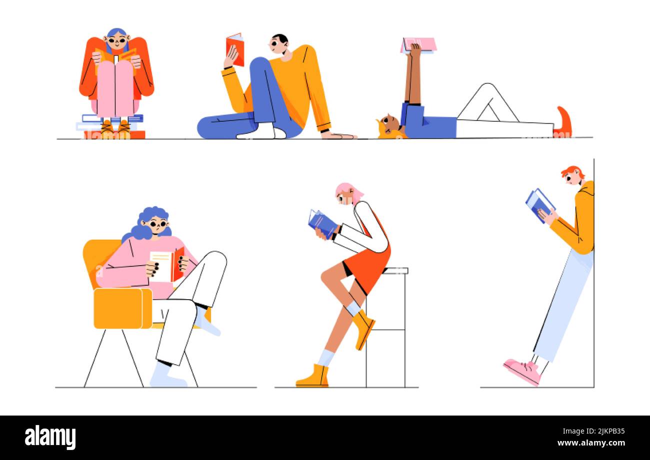 Les gens lisent des livres dans différentes poses. Illustration ...