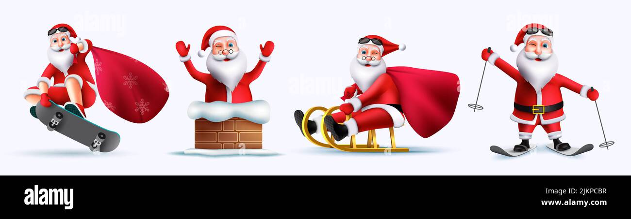 Jeu de vecteurs de caractères du Père Noël. Santa claus 3D personnages joueurs en patinage, en traîneau à cheval et en skateboard isolés sur fond blanc pour Noël. Illustration de Vecteur