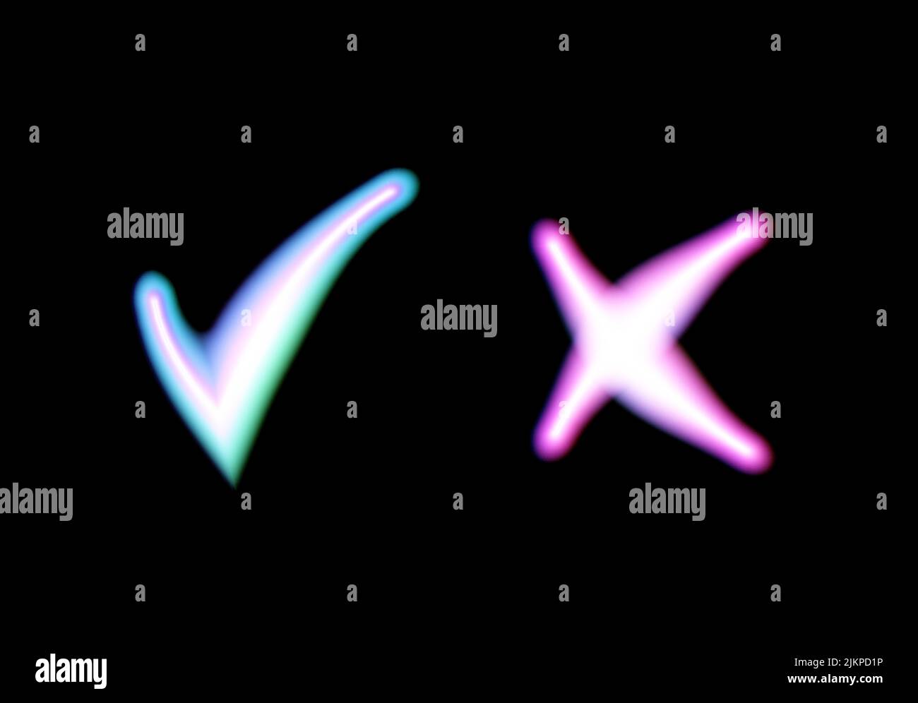 Néon lumineux oui et pas de coches. Vérifier les signes de brillance et de croisement. Voter approuver et rejeter les icônes lumineuses. Emblèmes X et V. Illustration de Vecteur