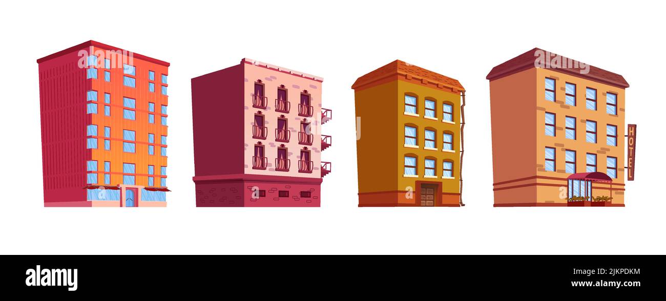 Création d'illustrations isolées de vecteur de dessin animé. Ensemble d'éléments de paysage urbain, bâtiments à plusieurs étages avec balcons et caniveaux, appartements résidentiels, Illustration de Vecteur
