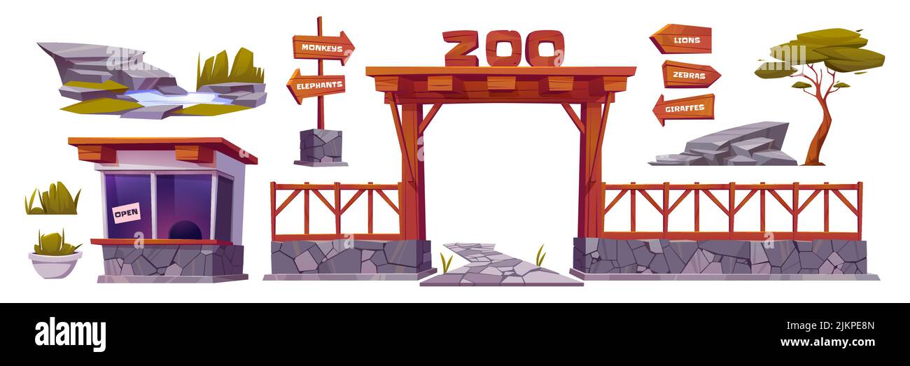 Zoo éléments de paysage, ensemble de dessins animés, entrée avec arche en bois, clôture, guichet de caisse ouvert. Collection de parcs zoologiques avec pointeurs en bois Illustration de Vecteur