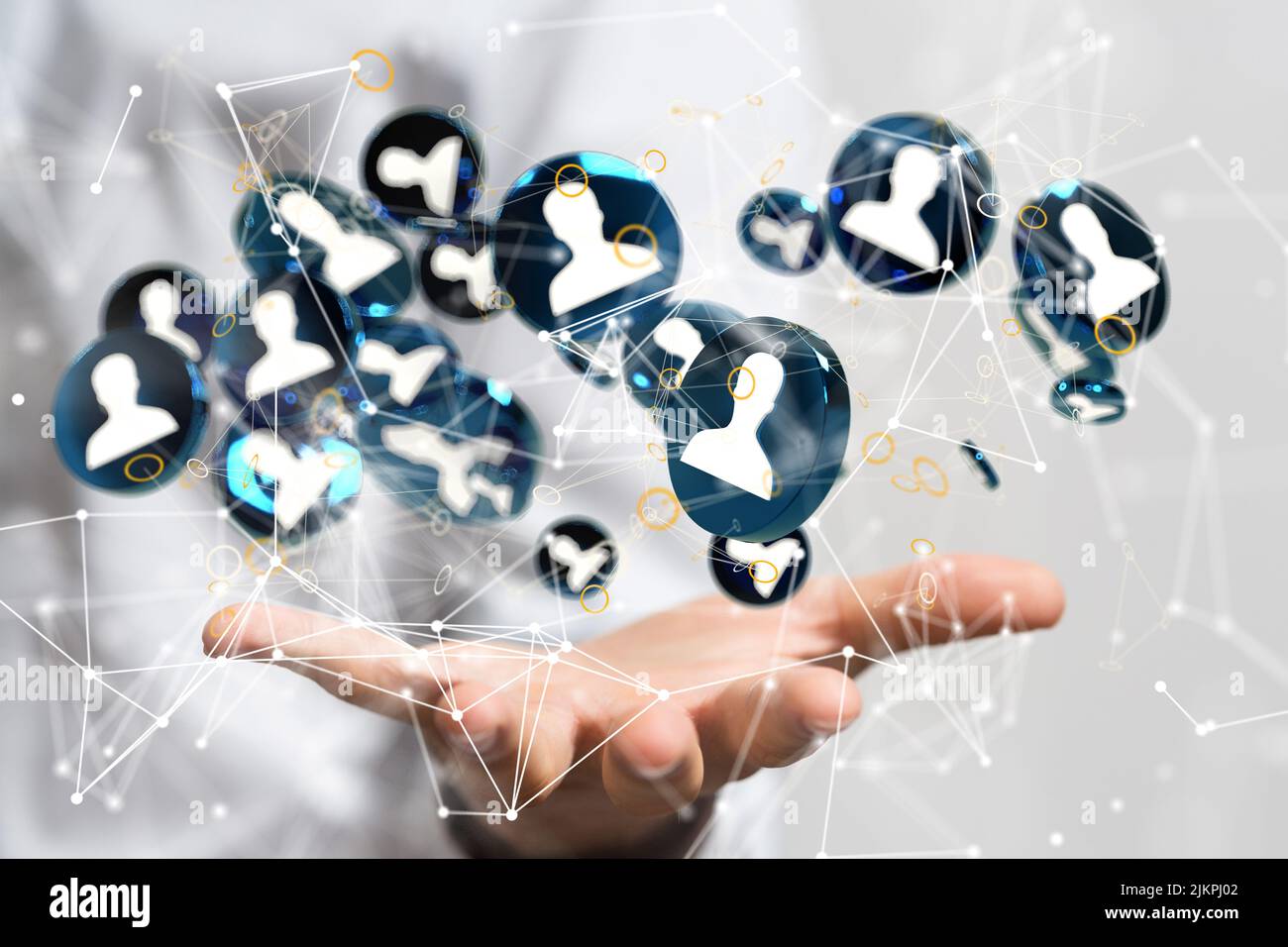 Une illustration de 3D figures humaines flottant au-dessus d'une main reliée à des lignes blanches Banque D'Images