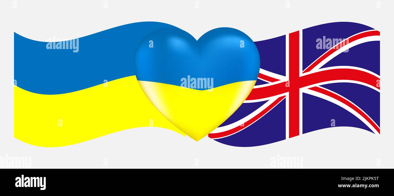 Vecteur dessin volume coeur aux couleurs du drapeau ukrainien et drapeaux de l'Ukraine et drapeau de la Grande-Bretagne Illustration de Vecteur