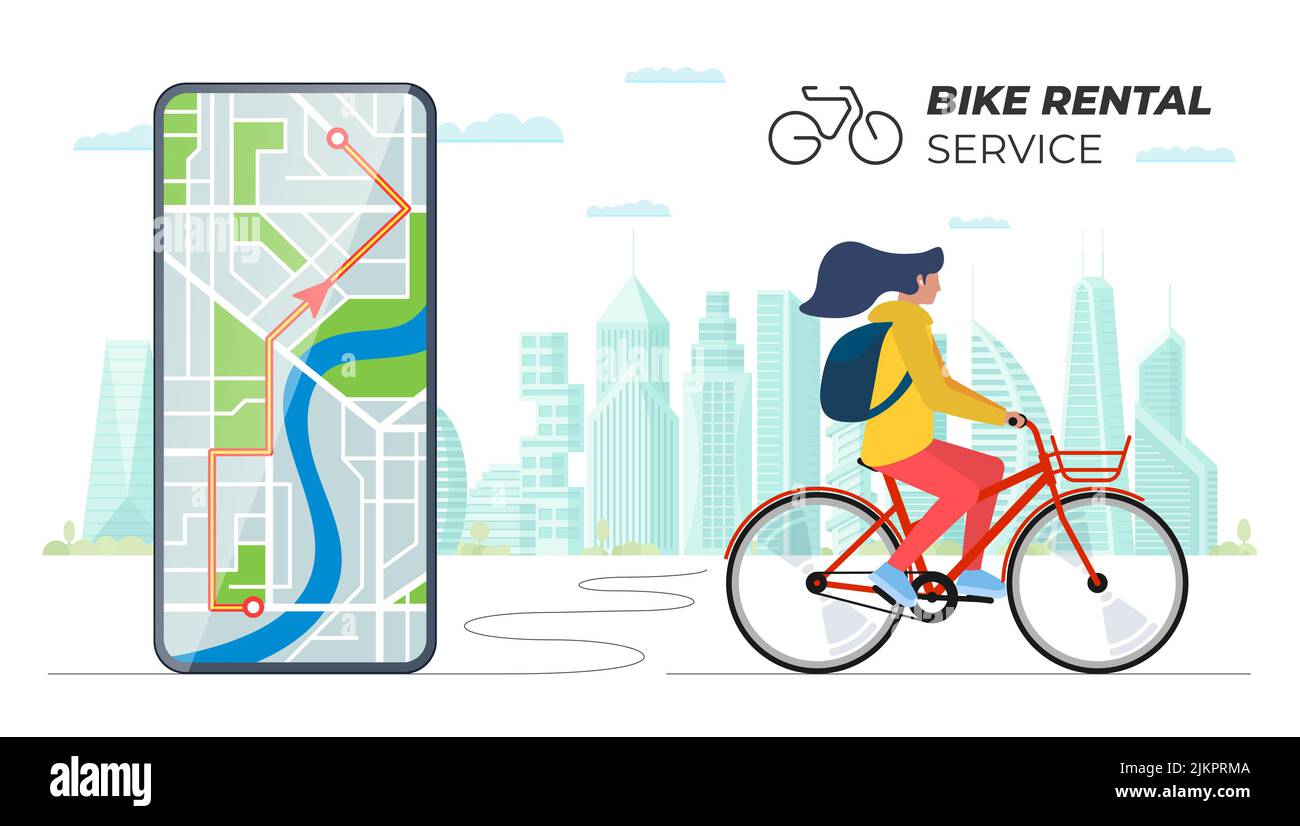 Une femme fait du vélo loué dans un paysage urbain moderne avec l'application mobile de location de vélos pour smartphone à l'écran. Bannière de service de location de vélos. Le transport public en vélo partage. Concept de publicité de transport écologique urbain Illustration de Vecteur