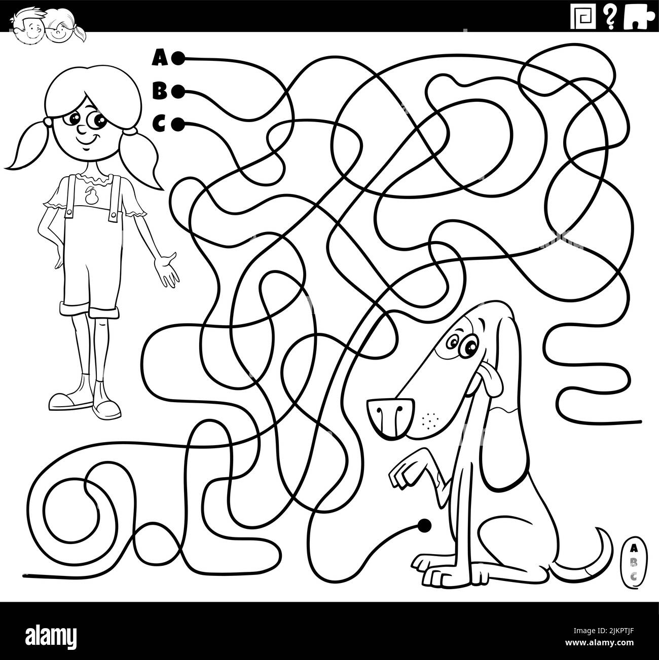 Dessin animé noir et blanc illustration de lignes labyrinthe jeu de puzzle avec le personnage de la bande dessinée fille et sa page de coloriage de chien Illustration de Vecteur