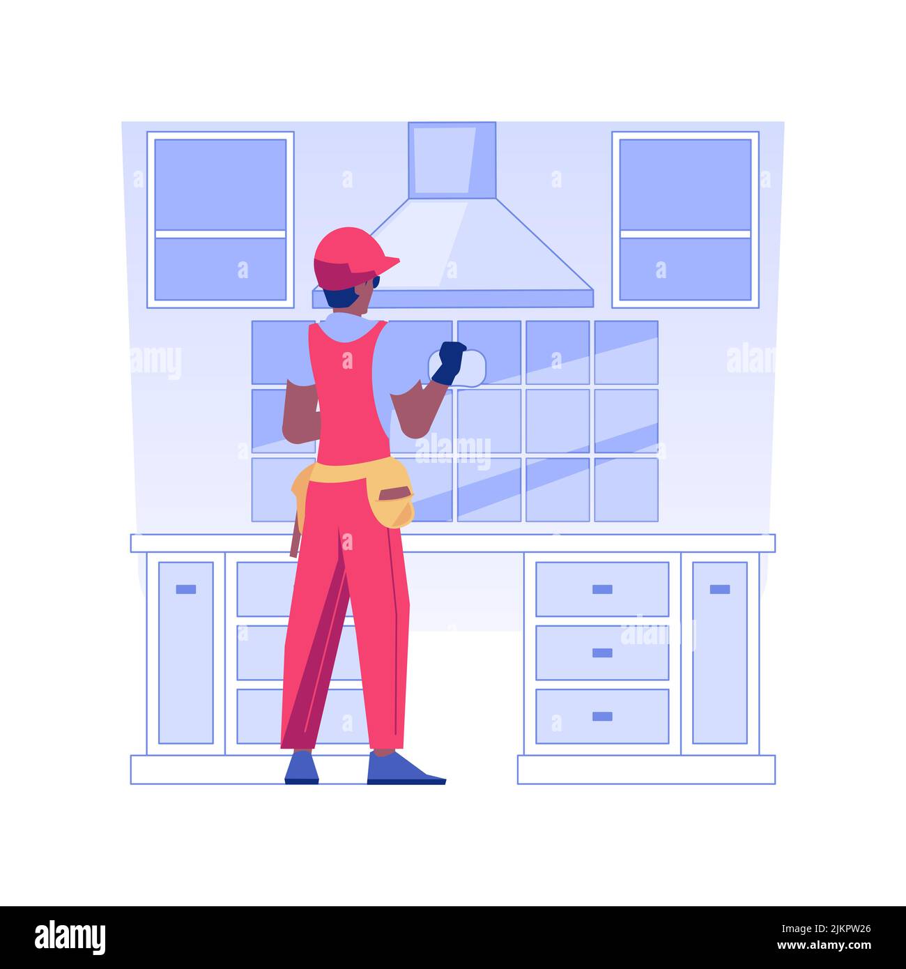 Illustration du vecteur de concept isolé d'installation Backsplash. Ouvrier en uniforme installant un dosseret sur la cuisine, travaux intérieurs rugueux, concept de vecteur de construction de maison privée. Illustration de Vecteur