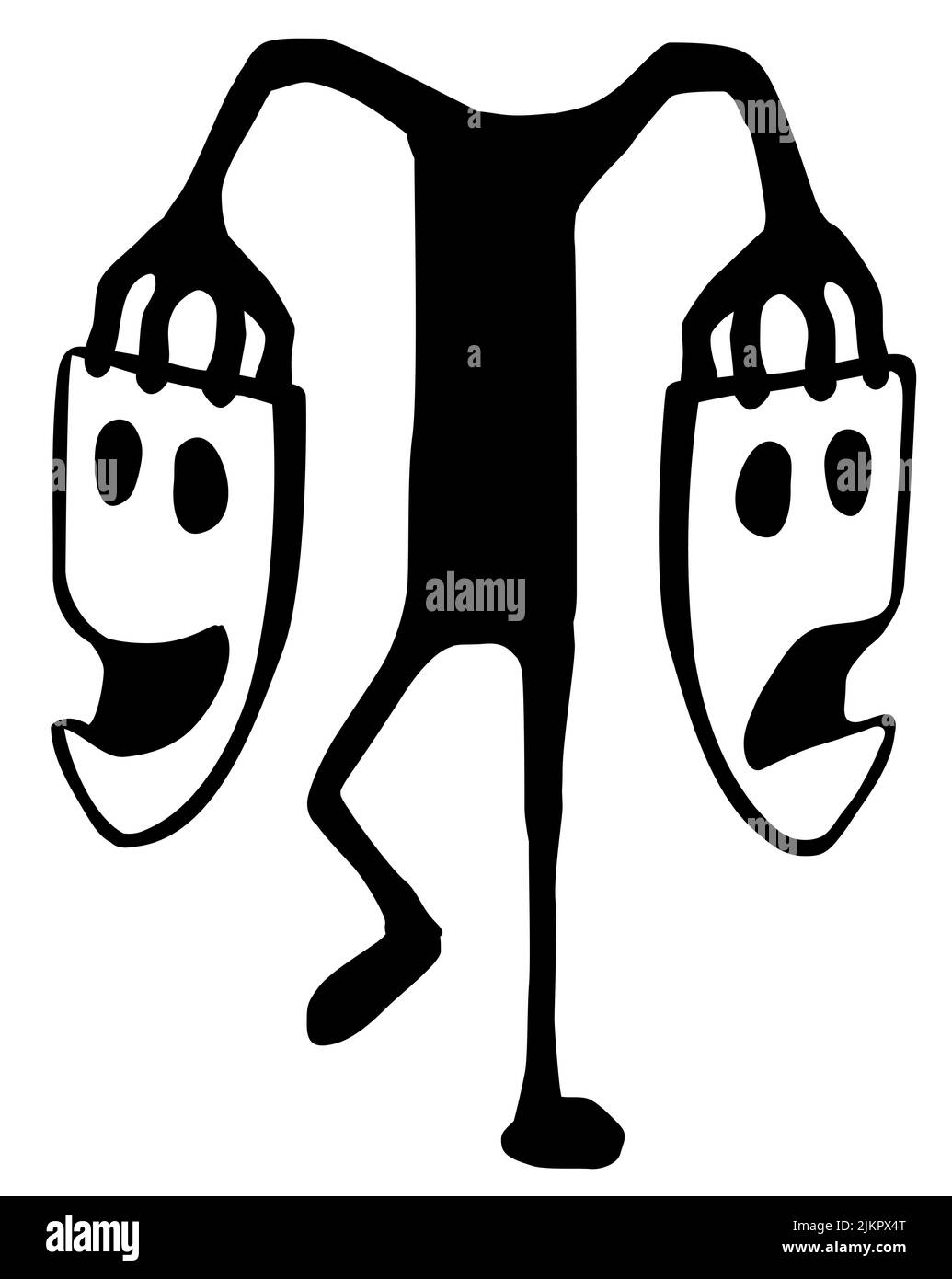 Happy Sad masque porter personnage dessin animé silhouette noire, illustration vectorielle, verticale, isolée, sur blanc Illustration de Vecteur