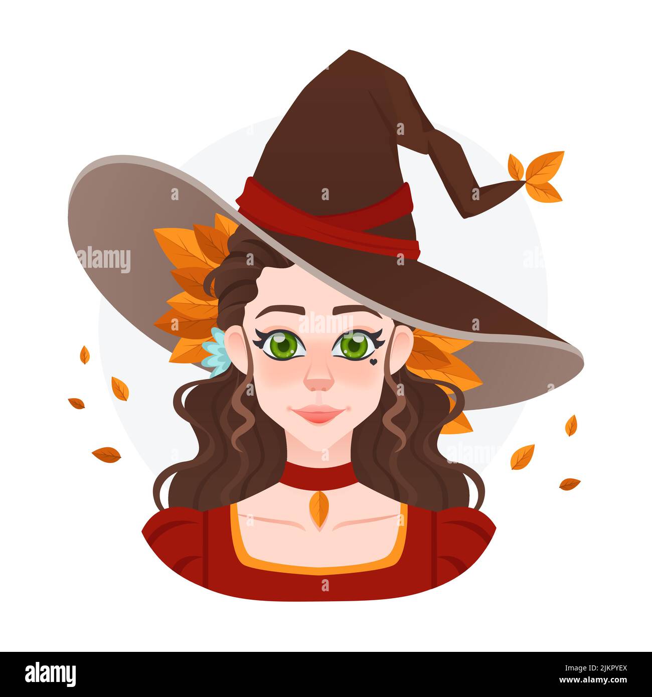Joli avatar de sorcière d'automne pour le jeu ou la publicité. Halloween magicienne fille avec grand chapeau et feuilles jaunes. Robe ancienne Illustration de Vecteur