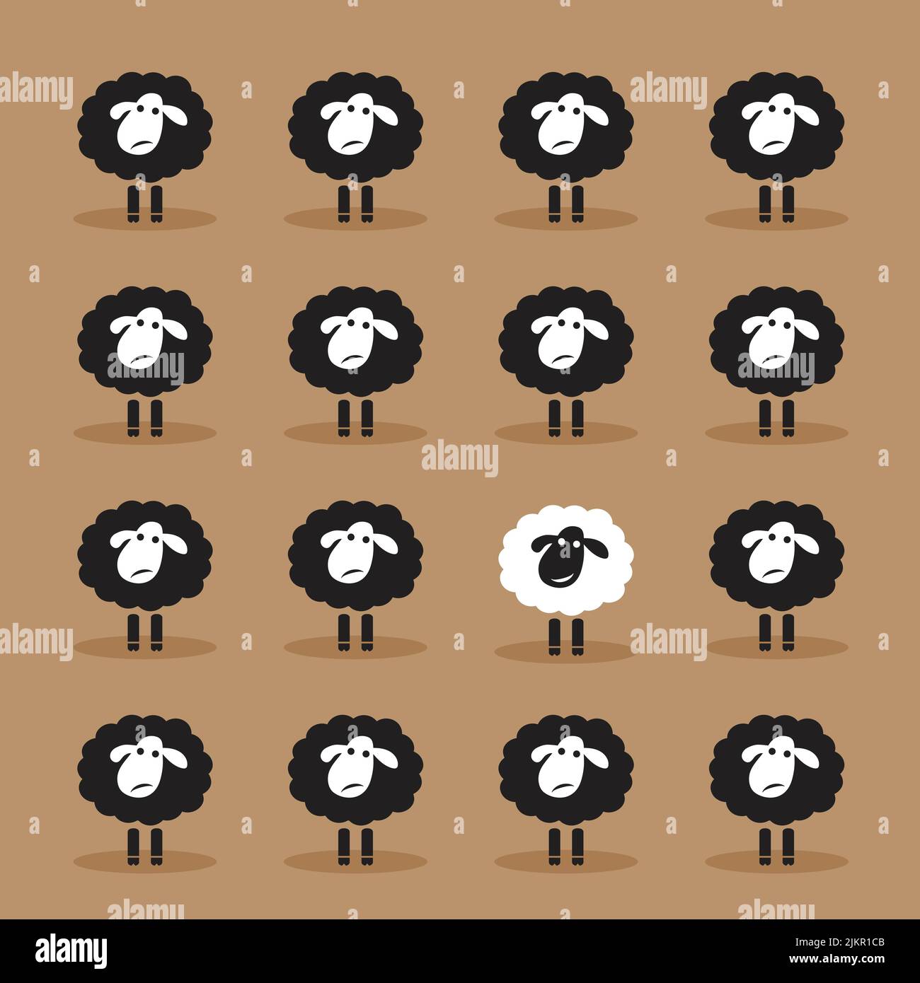 Vecteur d'un seul mouton blanc dans un groupe de moutons noirs sur fond marron. Animal. Concept dissemblable. Illustration de Vecteur