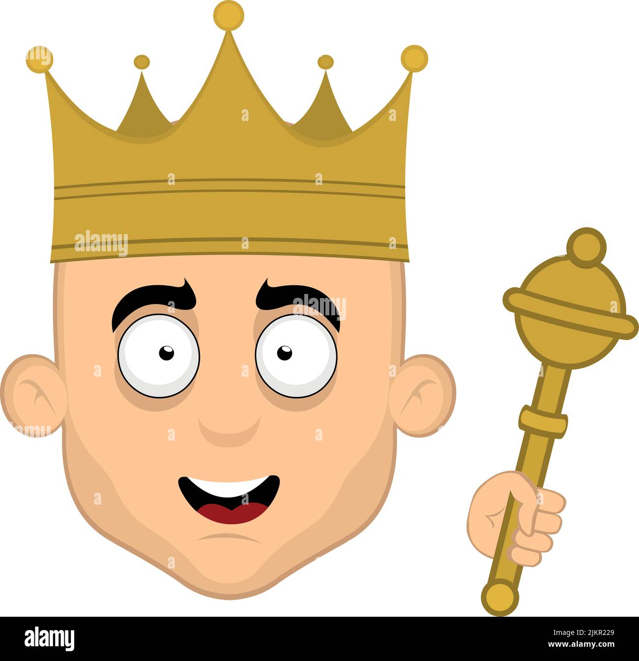 Illustration vectorielle de la face de la tête d'un roi de dessin animé avec sa couronne et son sceptre dans la main Illustration de Vecteur