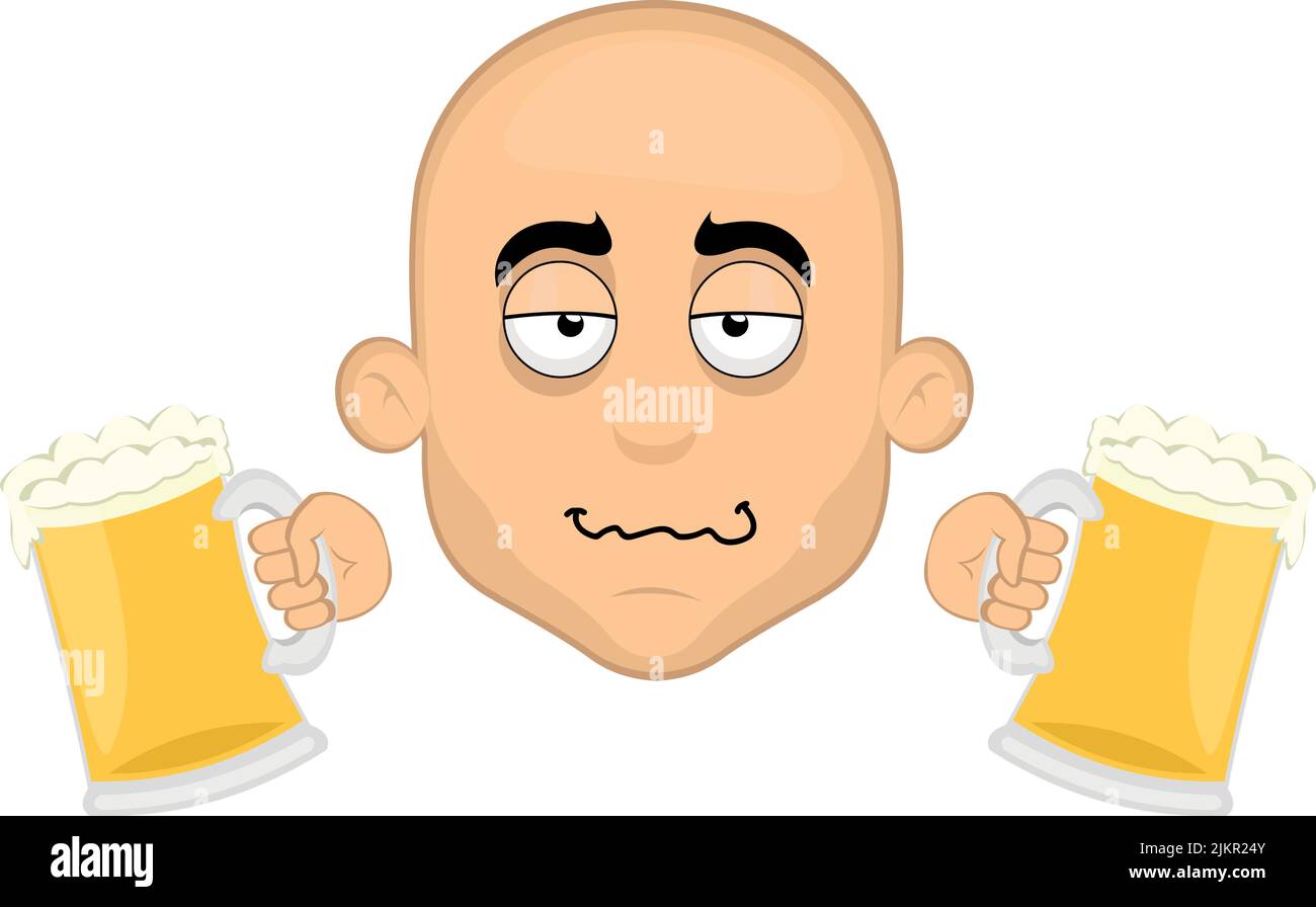 Illustration vectorielle du visage d'un homme de dessin animé bald ivre avec des bières dans ses mains Illustration de Vecteur
