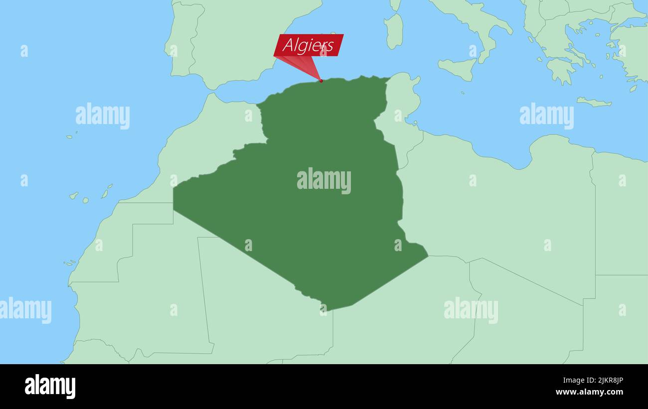 Carte de l'Algérie avec PIN de la capitale du pays. Algérie carte avec pays voisins en vert. Illustration de Vecteur