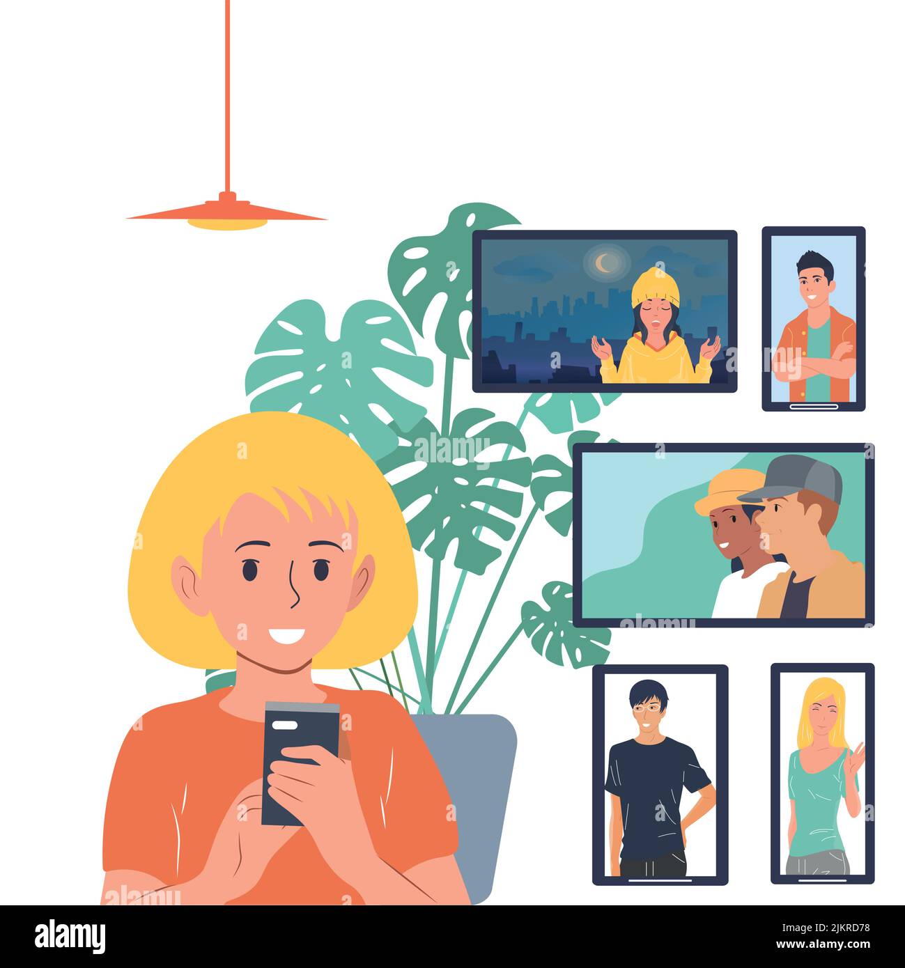 Concept de visioconférence en ligne.communication Internet. Les gens communiquent par téléphone et ordinateur portable. Illustration de Vecteur